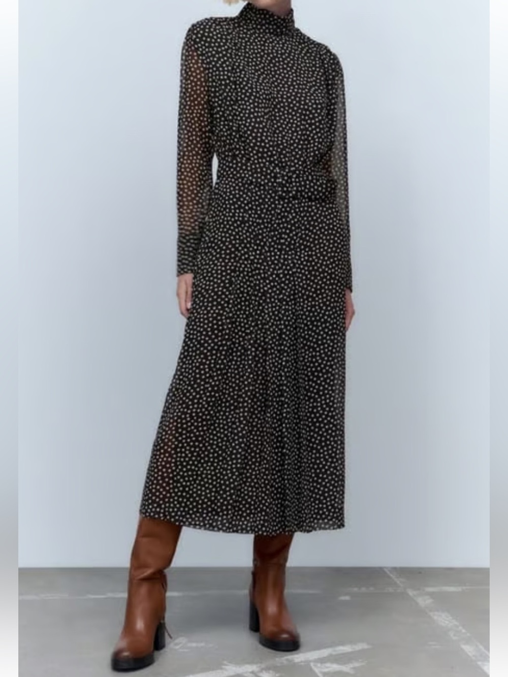 Zara Black Polka Dot High-Neck Midi Dress Size Small